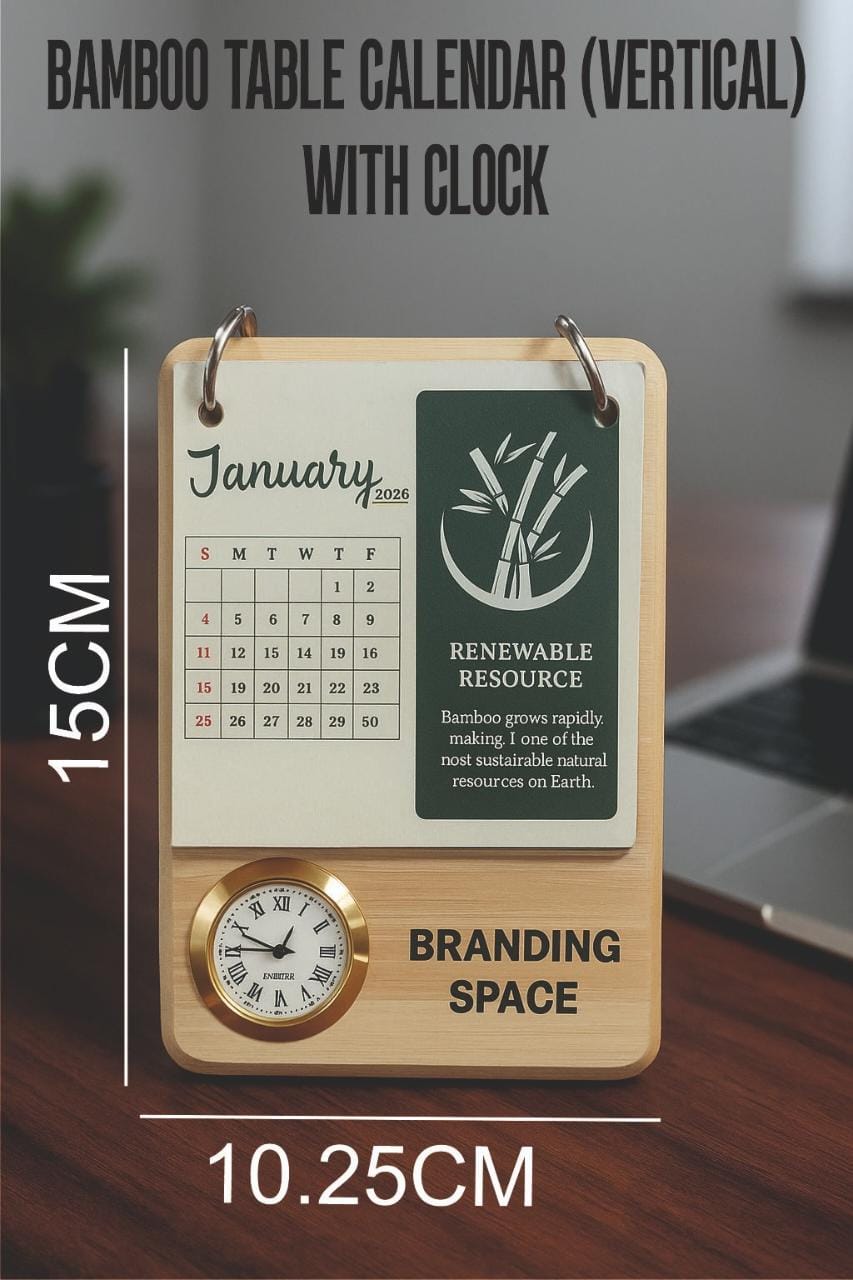 Bamboo Vertical Table Calendar with Clock